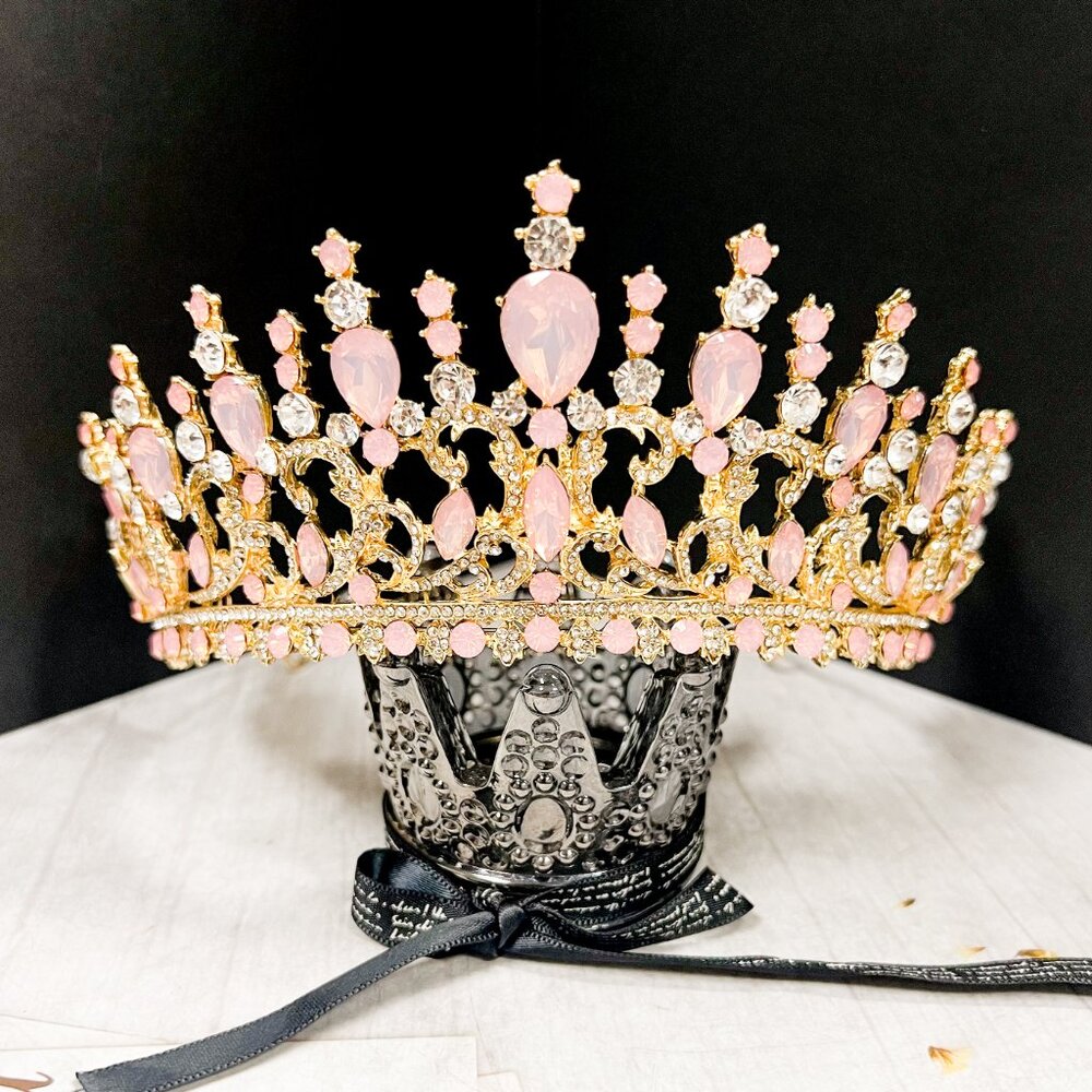 Pink and Gold Crystal Tiara Wedding Princess Gemstone Crown Adult women’s queen - Picture 4 of 11